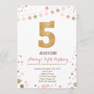 Gold Glitter Fifth Birthday Invitation