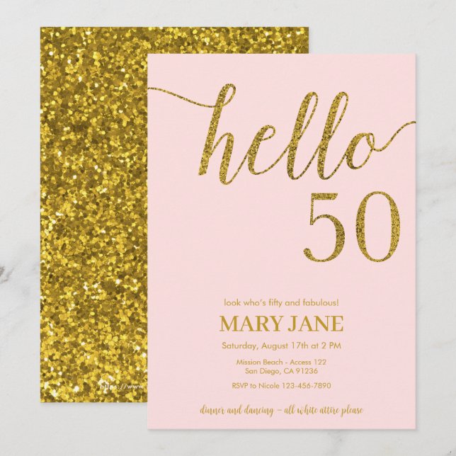 Gold Glitter Fiftieth Birthday Hello 50 Invitation (Front/Back)