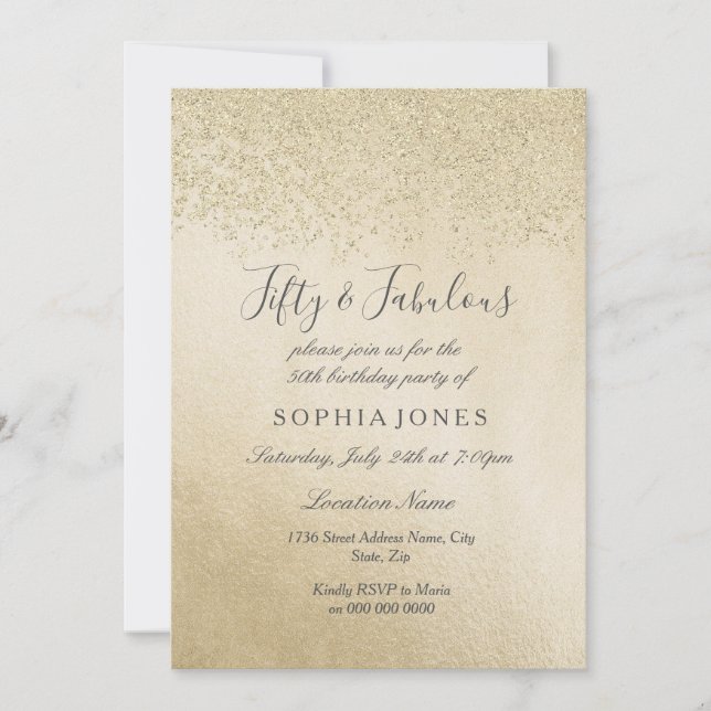Gold Glitter Fifty and fabulous 50th birthday Invitation (Front)