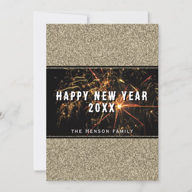 Gold Glitter Fireworks Happy New Year 2023  Holiday Card (Front)