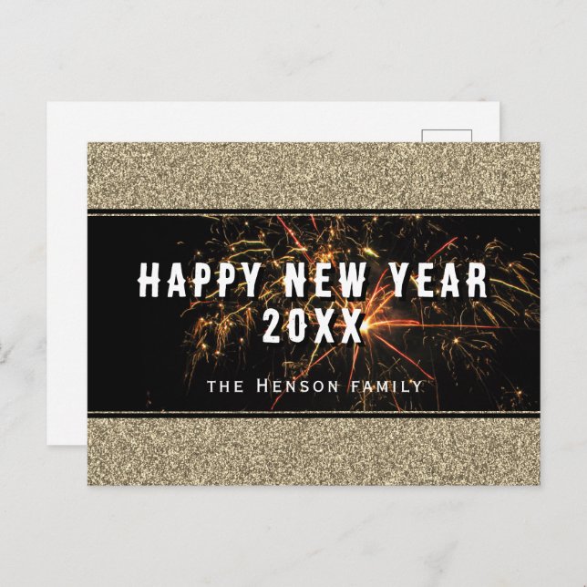 Gold Glitter Fireworks Happy New Year 2023 Holiday Postcard (Front/Back)