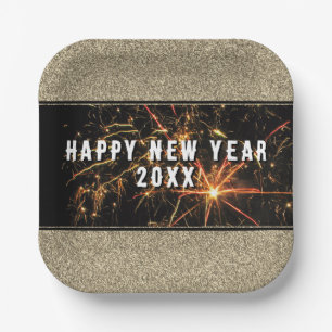 Gold Glitter Fireworks Happy New Year 2023 Party Paper Plate