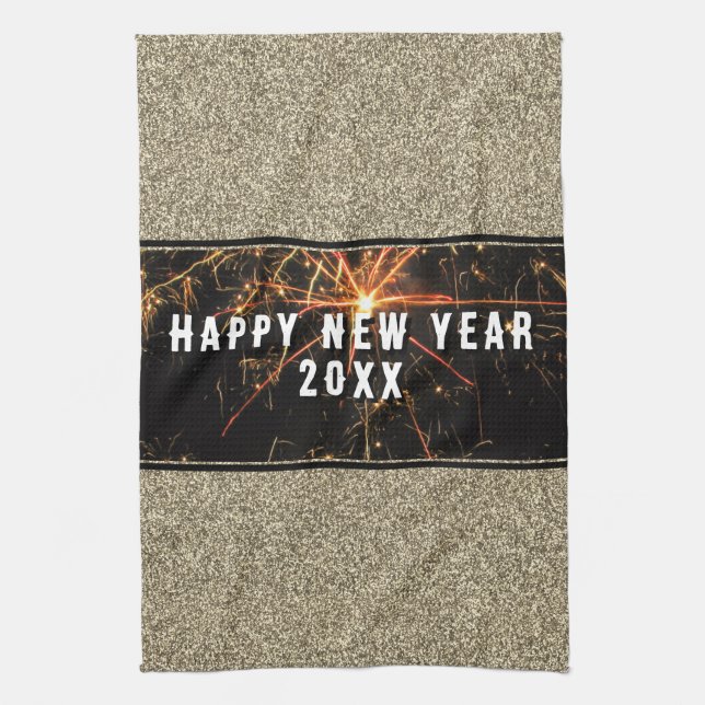 Gold Glitter Fireworks Happy New Year 2023 Tea Towel (Vertical)