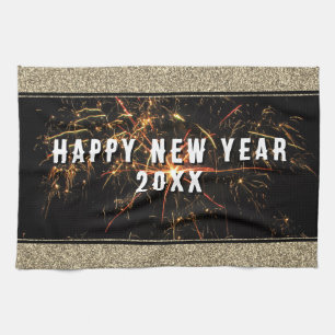 Gold Glitter Fireworks Happy New Year 2023 Tea Towel