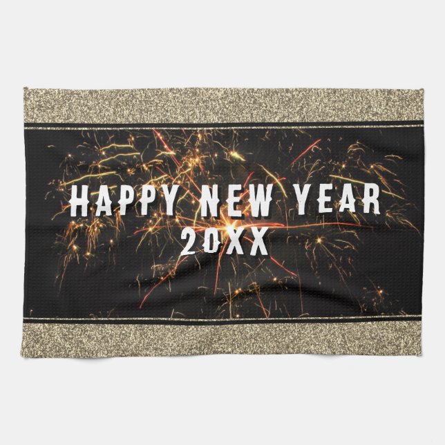 Gold Glitter Fireworks Happy New Year 2023  Tea Towel (Horizontal)