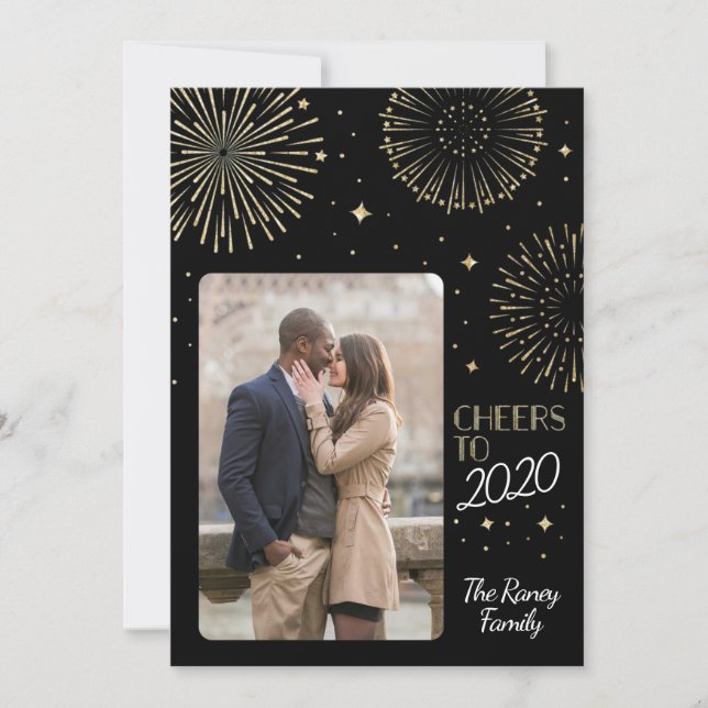 Gold Glitter Fireworks New Year Holiday Card (Front)