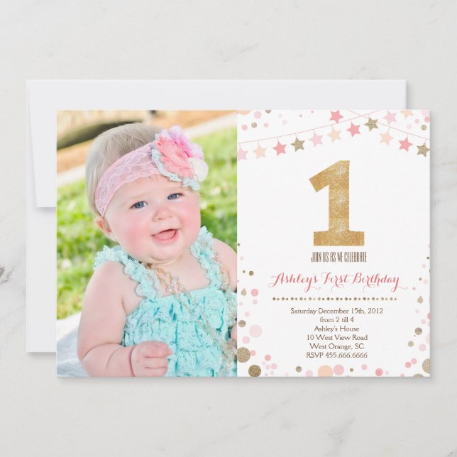 Gold Glitter First  Birthday Invitation (Front)