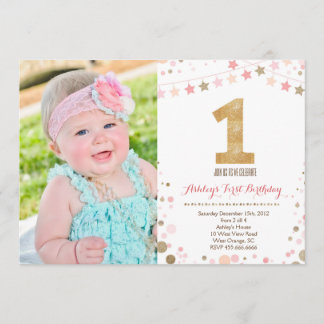 Gold Glitter First  Birthday Invitation