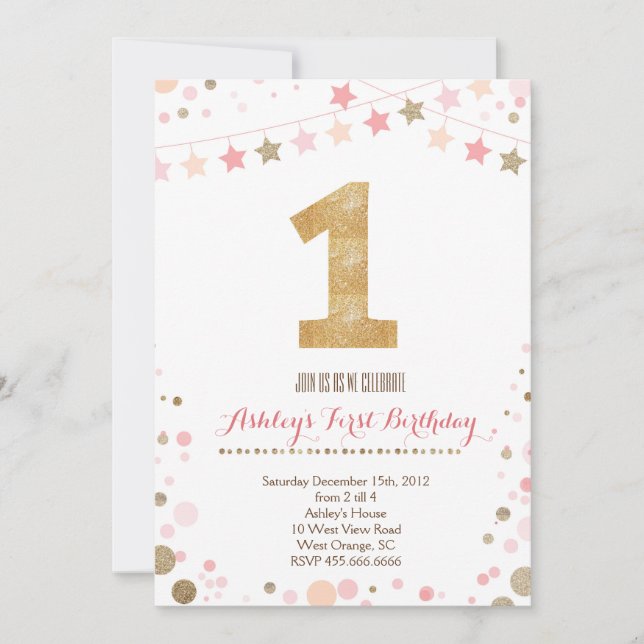 Gold Glitter First  Birthday Invitation (Front)