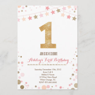 Gold Glitter First  Birthday Invitation