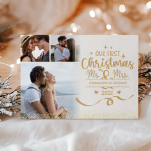 Gold Glitter First Christmas 3 Photo Mr & Mrs Holiday Card