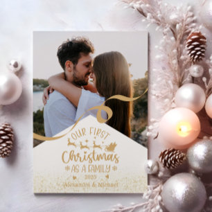 Gold Glitter First Christmas as a Family Photo Holiday Card