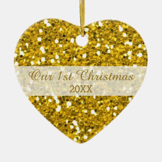 Gold Glitter First Christmas Couple Photo Ceramic Tree Decoration (Front)