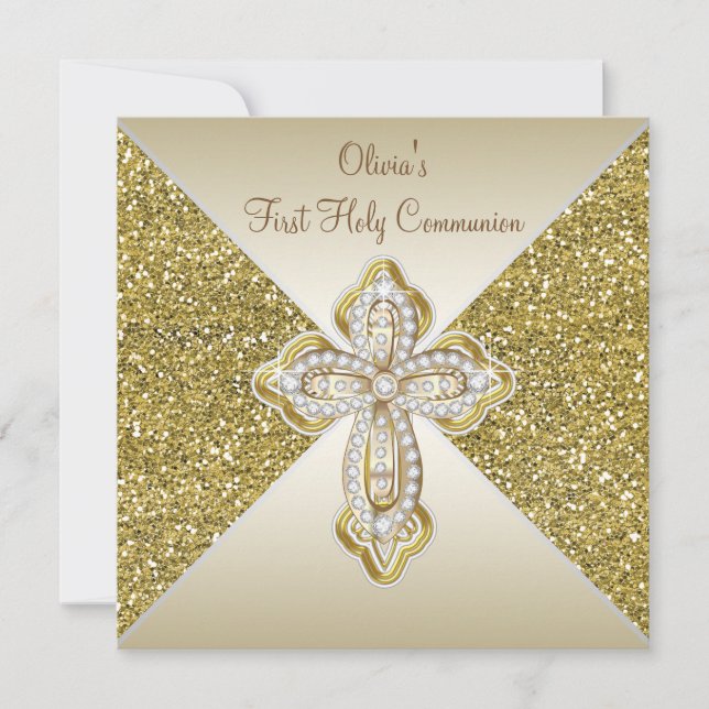 Gold Glitter First Communion Invitation (Front)