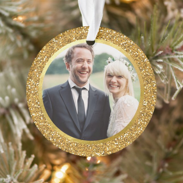 Gold & Glitter First Married Christmas Photo Ornament (Tree)