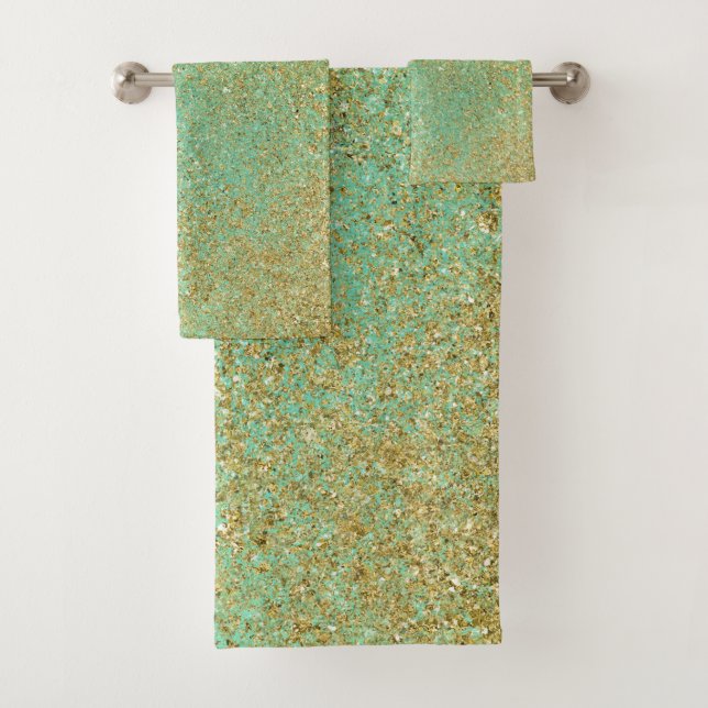 Gold Glitter Flecks Teal Aqua Glam Modern Girly Bath Towel Set (Insitu)