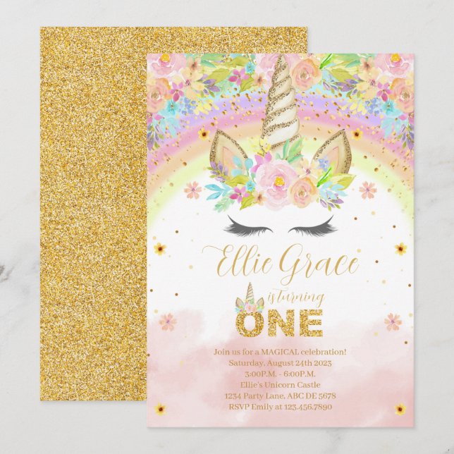 Gold Glitter Floral 1st Birthday Unicorn Invitation (Front/Back)
