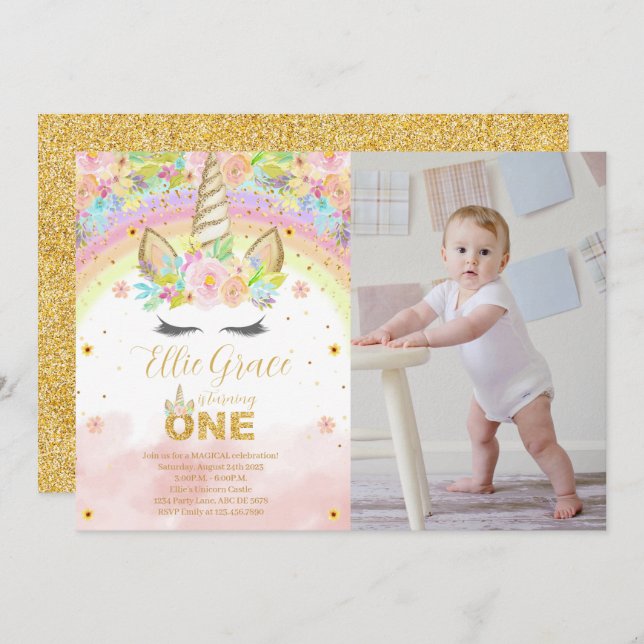 Gold Glitter Floral 1st Birthday Unicorn Photo Invitation (Front/Back)
