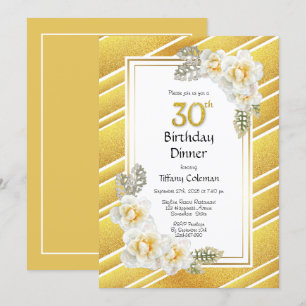 Gold Glitter Floral 30th Birthday Dinner Party Invitation