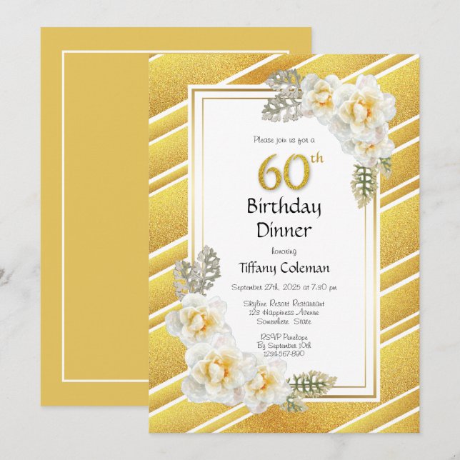 Gold Glitter Floral 60th Birthday Dinner Party Invitation (Front/Back)
