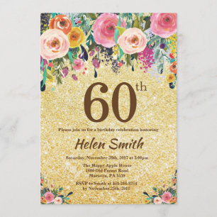 Gold Glitter Floral 60TH Birthday Invitation