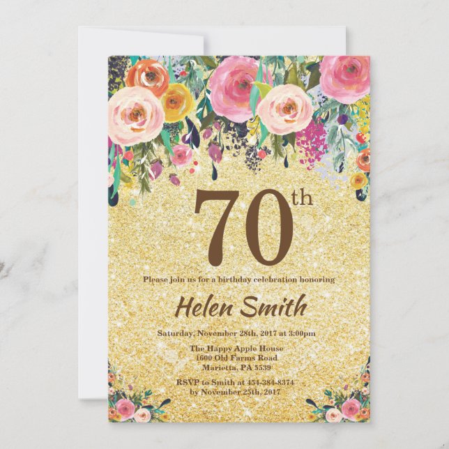 Gold Glitter Floral 70th Birthday Invitation (Front)