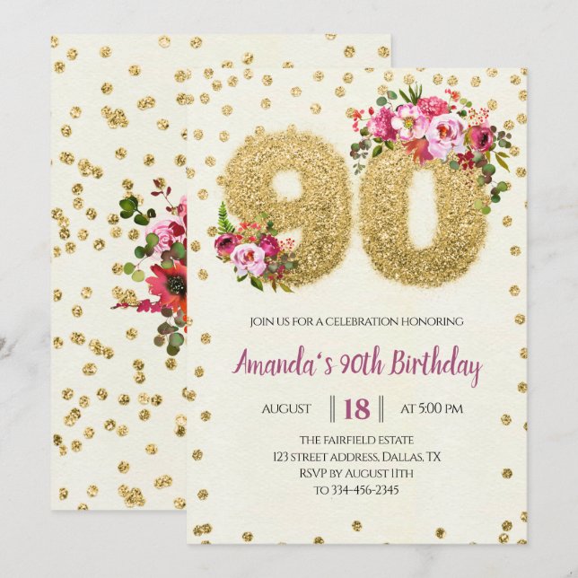 Gold Glitter Floral 90th Birthday Invitation (Front/Back)
