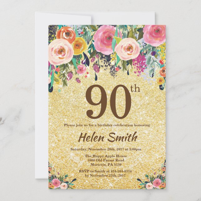 Gold Glitter Floral 90th Birthday Invitation (Front)
