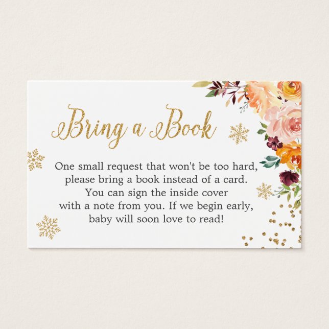 Gold Glitter Floral Baby Shower Book Request Card (Front)