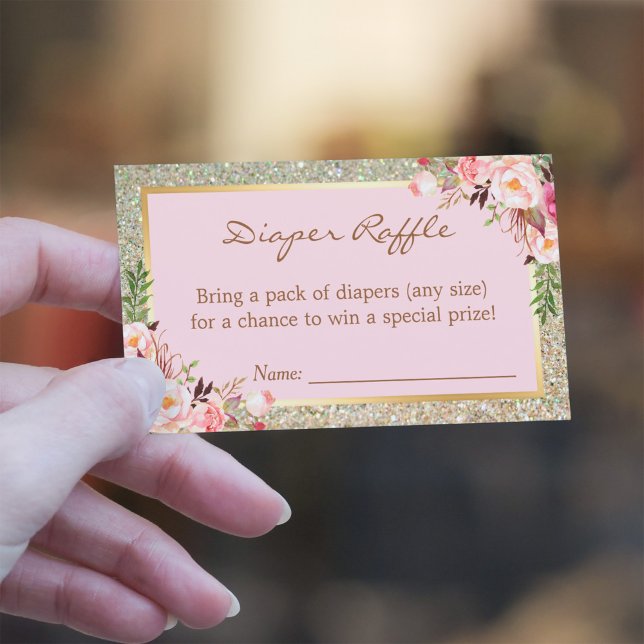 Gold Glitter Floral Baby Shower Diaper Raffle Card (Creator Uploaded)