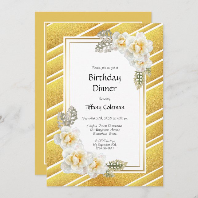 Gold Glitter Floral Birthday Dinner Party Invitation (Front/Back)