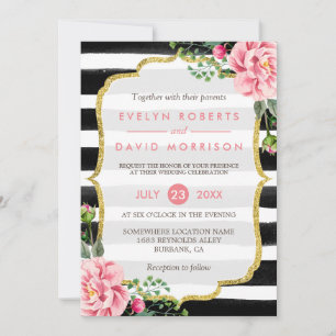 Gold Glitter Floral Black White Stripes Wedding Invitation