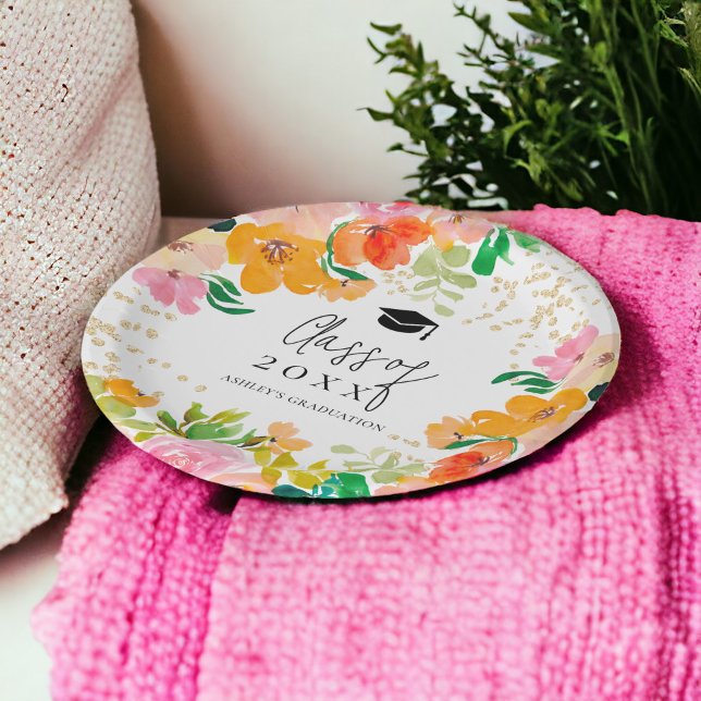 Gold glitter floral botanical class of graduation paper plate (Gold glitter floral botanical class of graduation paper plates)