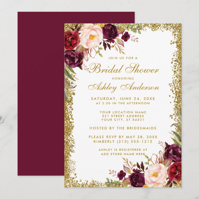 Gold Glitter Floral Burgundy Bridal Shower Invite (Front/Back)