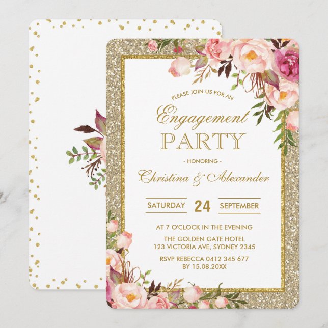 Gold Glitter Floral Engagement Party Invitation (Front/Back)