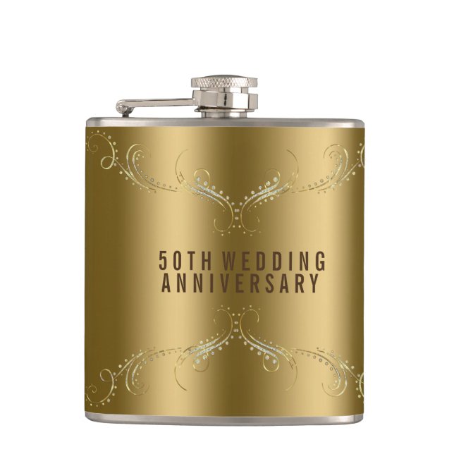 Gold & Glitter Floral Frame Over Gold Hip Flask (Front)