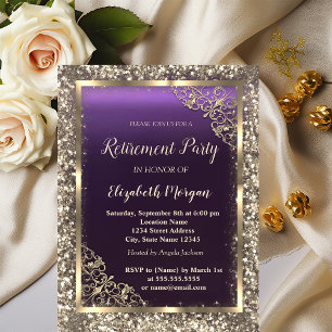 Gold Glitter Floral Frame Purple Retirement Invitation