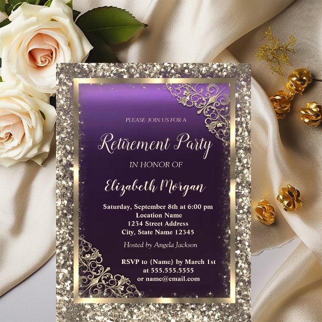 Gold Glitter Floral Frame Purple Retirement  Invitation (Creator Uploaded)