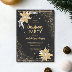 Gold glitter floral grey Corporate Christmas Invitation