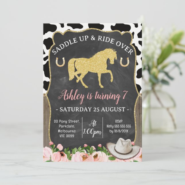 Gold Glitter Floral Horse Birthday Invitation (Standing Front)