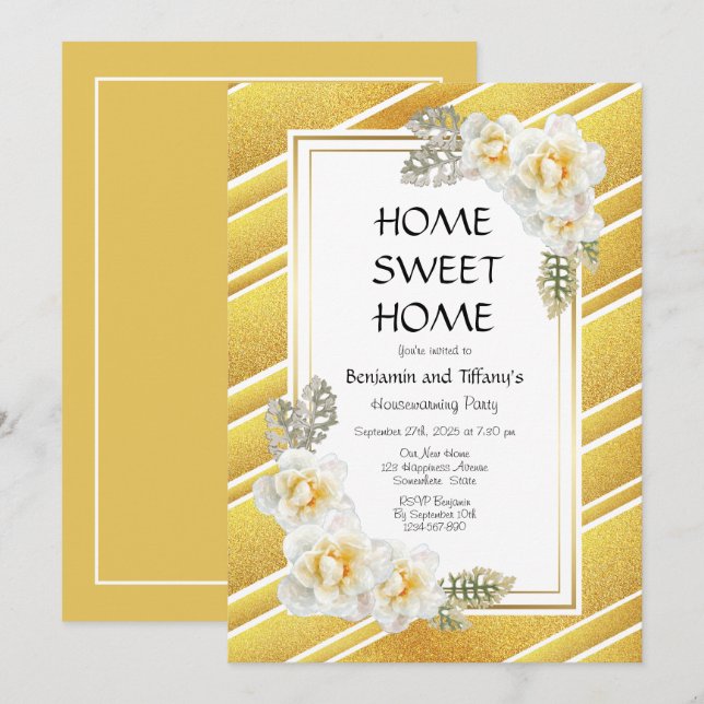 Gold Glitter Floral Housewarming Party Invitation (Front/Back)