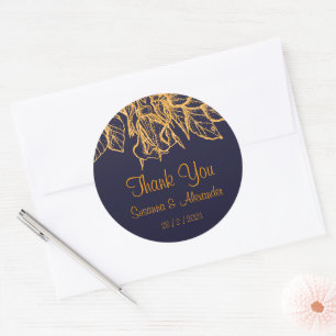Gold Glitter Floral on Dark Blue Wedding Thank You Classic Round Sticker