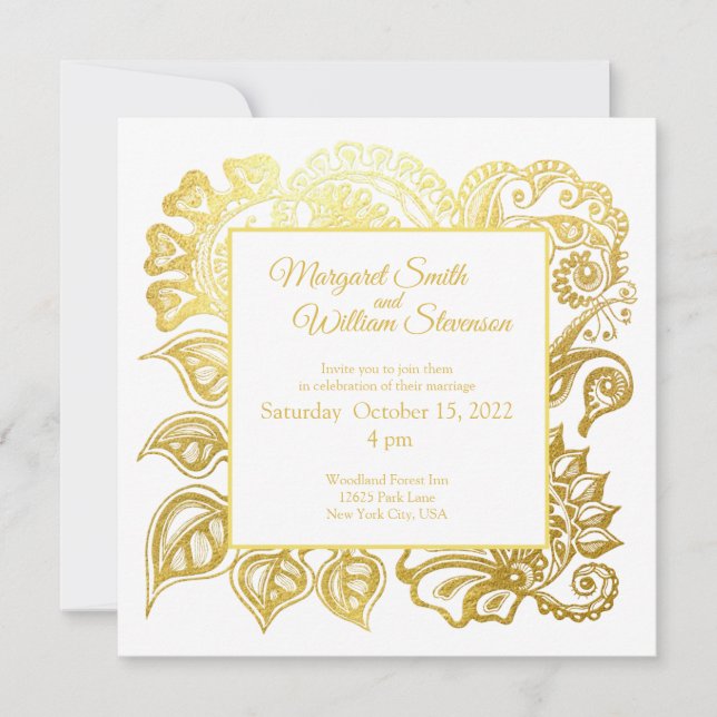Gold glitter floral ornament  wedding invitation (Front)