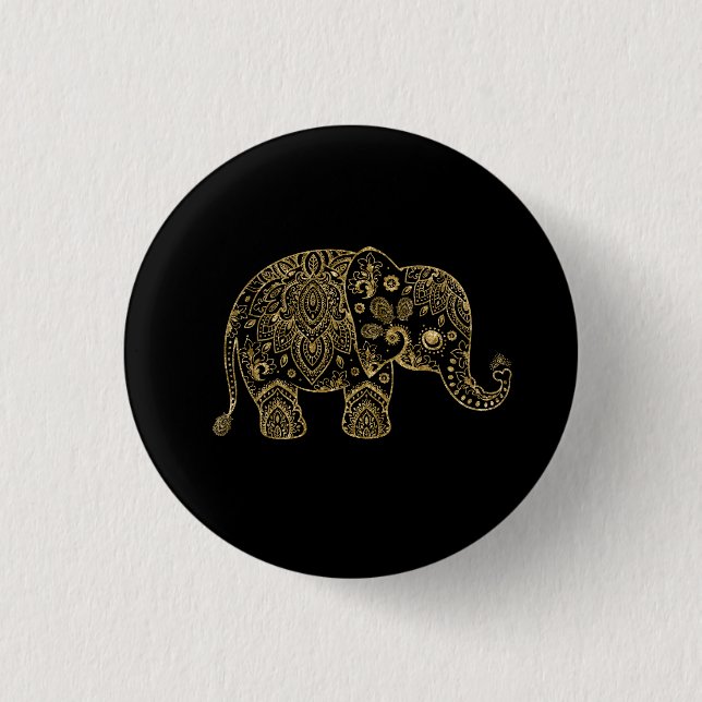 Gold Glitter Floral Paisley Elephant Illustration 3 Cm Round Badge (Front)
