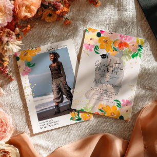 Gold glitter floral photo botanical graduation invitation