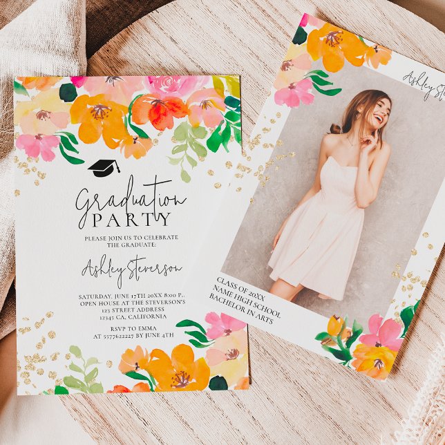 Gold glitter floral photo botanical graduation invitation (Gold glitter floral photo botanical graduation invitation)