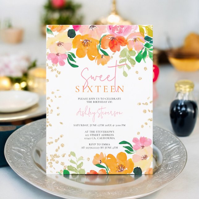 Gold glitter floral photo botanical Sweet 16 Invitation (Gold glitter floral photo botanical Sweet 16 Invitation)