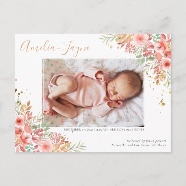 Gold Glitter Floral Photo Girl Birth Announcement Postcard (Front)