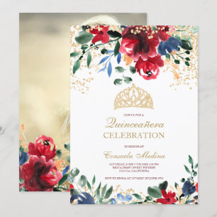 gold glitter floral photo tiara Quinceañera Invitation