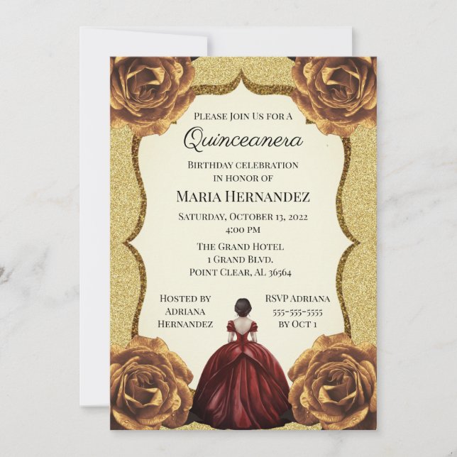 Gold Glitter Floral Quinceanera Birthday Invitation (Front)